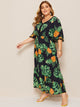 Plus Pom Pom Tropical Print Ruffle Hem Dress