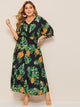 Plus Pom Pom Tropical Print Ruffle Hem Dress