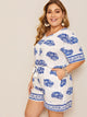 Plus Tribal Print Drawstring Waist Romper