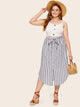 Plus Button Front Striped Belted Skirt