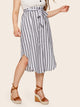 Plus Button Front Striped Belted Skirt