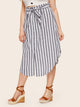 Plus Button Front Striped Belted Skirt