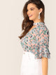 Plus V-cut Choker Floral Print Butterfly Sleeve Blouse