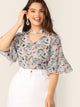 Plus V-cut Choker Floral Print Butterfly Sleeve Blouse