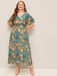 Plus Shirred Waist Floral Print Surplice Dress