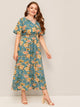 Plus Shirred Waist Floral Print Surplice Dress