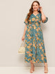 Plus Shirred Waist Floral Print Surplice Dress