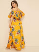 Plus Floral Print Drawstring Waist Off Shoulder Dress