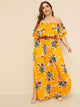 Plus Floral Print Drawstring Waist Off Shoulder Dress