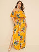 Plus Floral Print Drawstring Waist Off Shoulder Dress