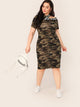  Plus Lettering Tape Asymmetrical Neck Camo Print Dress