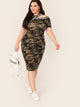  Plus Lettering Tape Asymmetrical Neck Camo Print Dress