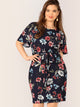 Plus Split Back Floral Print Belted Dress