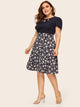 Plus Keyhole Neckline Ditsy Floral Print Combo Dress