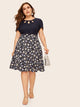  Plus Keyhole Neckline Ditsy Floral Print Combo Dress