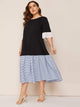 Plus Embroidered Eyelet Cuff Striped Flounce Hem Dress