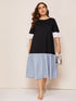 Plus Embroidered Eyelet Cuff Striped Flounce Hem Dress