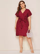 Plus Heart Print Surplice Neck Belted Dress