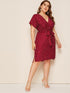 Plus Heart Print Surplice Neck Belted Dress