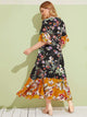 Plus Surplice Large Floral Print Layer Ruffle Hem Dress