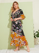 Plus Surplice Large Floral Print Layer Ruffle Hem Dress