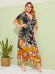 Plus Surplice Large Floral Print Layer Ruffle Hem Dress