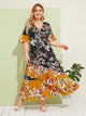 Plus Surplice Large Floral Print Layer Ruffle Hem Dress