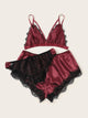 Plus Contrast Lace Satin Lingerie Set With Shorts 3pack