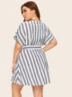 Plus Button Front Self Belt Striped Dress