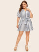 Plus Button Front Self Belt Striped Dress