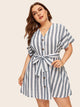 Plus Button Front Self Belt Striped Dress