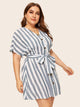 Plus Button Front Self Belt Striped Dress