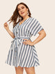 Plus Button Front Self Belt Striped Dress