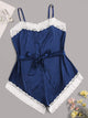 Plus Lace Trim Satin Romper Bodysuit With Belt