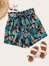 Plus Paperbag Waist Tropical Print Belted Shorts