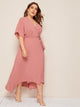 Plus Solid Surplice Neck Wrap Belted Dress