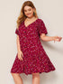 Plus Ditsy Floral Button Front Ruffle Hem Dress