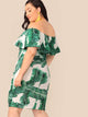 Plus Tropical Print Flounce Foldover Bardot Dress