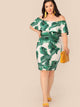 Plus Tropical Print Flounce Foldover Bardot Dress