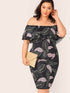 Plus Bardot Layered Ruffle Foldover Leopard Leaf Print Dress