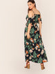  Plus Cold Shoulder Split Thigh Wrap Belted Tropical Dress