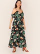 Plus Cold Shoulder Split Thigh Wrap Belted Tropical Dress