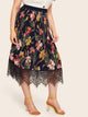 Plus Lace Panel Floral Print Pleated Skirt