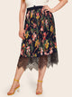 Plus Lace Panel Floral Print Pleated Skirt