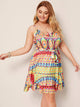 Plus Colorful Geo Print Ruffle Belted Slip Dress