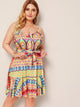 Plus Colorful Geo Print Ruffle Belted Slip Dress