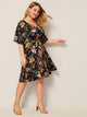 Plus Botanical Print Ruffle Hem Belted Dress