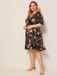 Plus Botanical Print Ruffle Hem Belted Dress