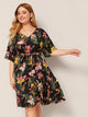 Plus Botanical Print Ruffle Hem Belted Dress