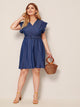 Plus Belted Ruffle Hem Surplice Denim Dress